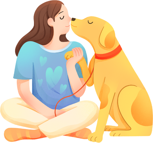 Woman sitting cross-legged sharing a kiss with her golden retriever